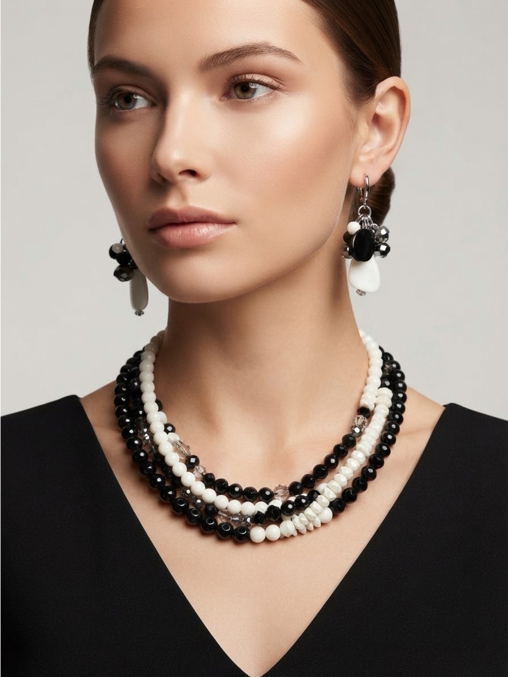 Vintage Black White Beaded Necklace & Earrings Set | Multi-Strand Statement Set